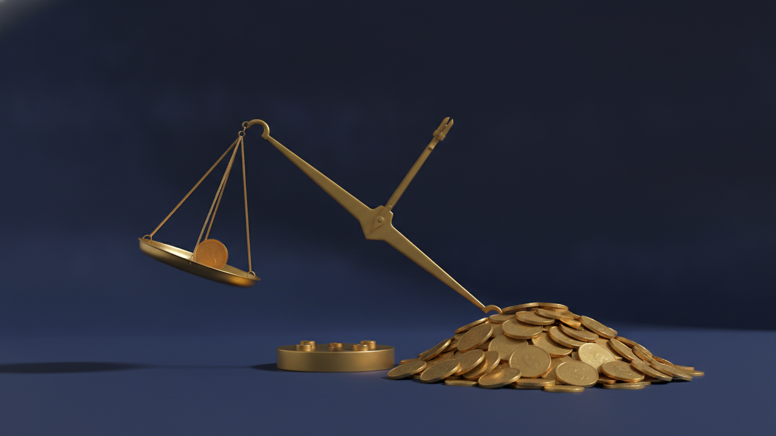 A gold balance scale tipped steeply, one pan raised holding a single coin while the other rests on the surface under a heavy mound of coins, representing a fixed benefit against a far larger bill.