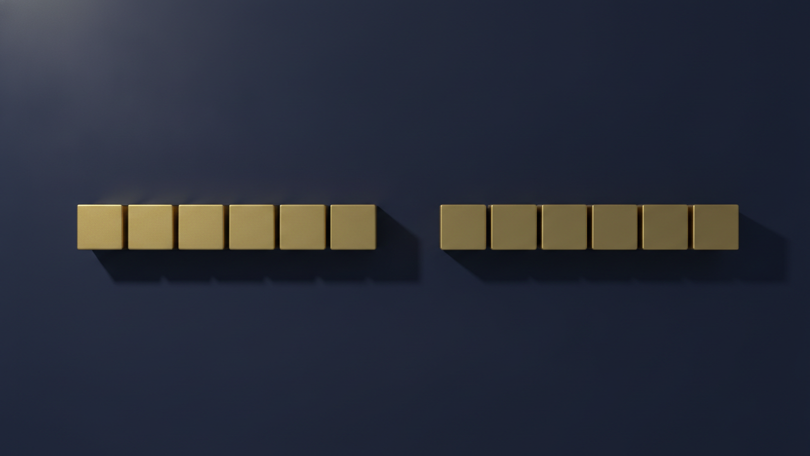 A row of identical gold cubes on a dark navy background with one conspicuous empty gap in the middle, representing a benefit that is carved out of an otherwise covered set.