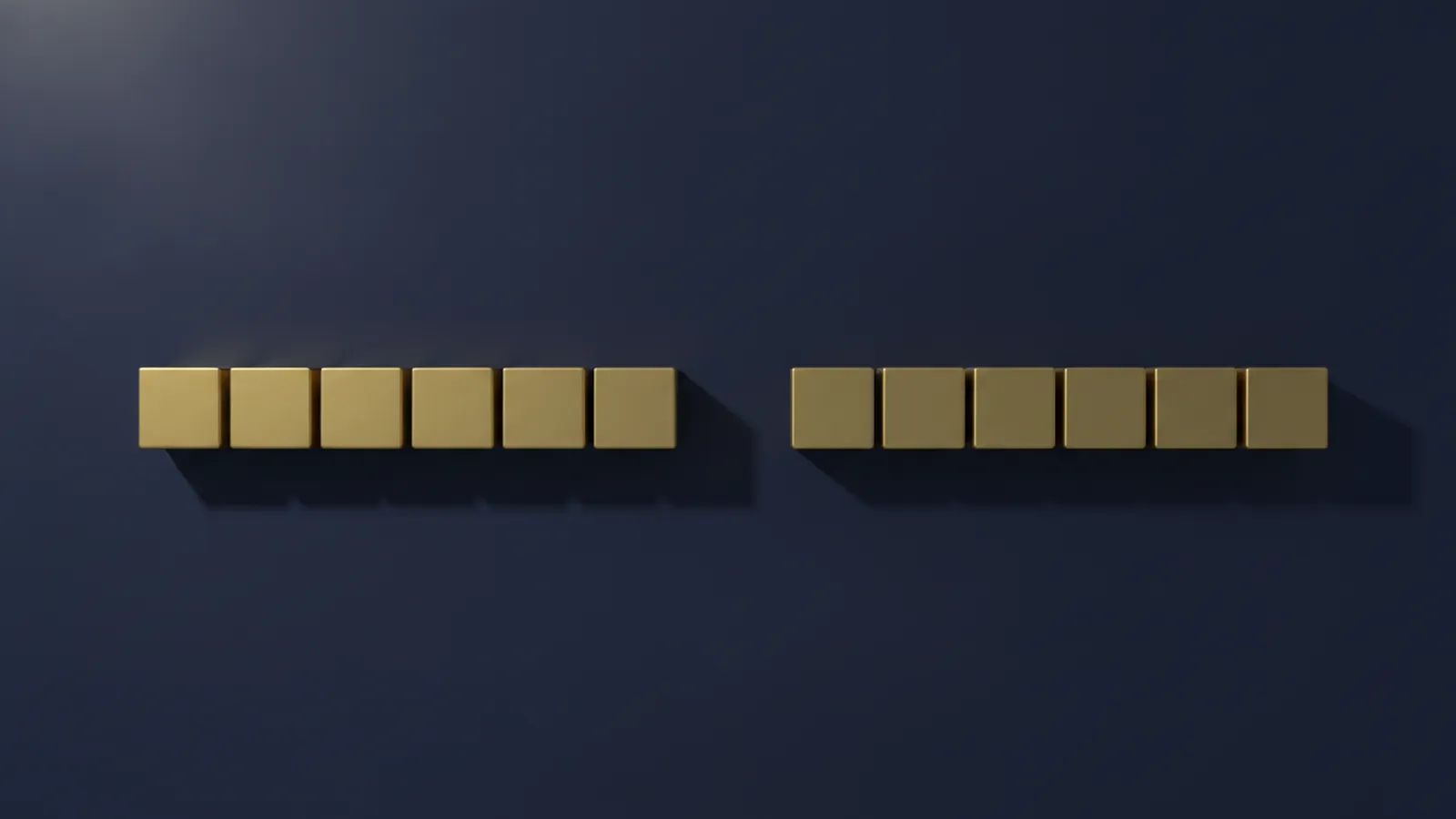 A row of identical gold cubes on a dark navy background with one conspicuous empty gap in the middle, representing a benefit that is carved out of an otherwise covered set.