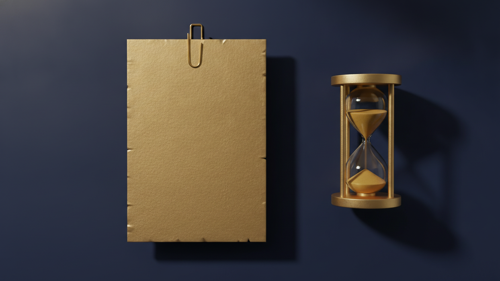 A blank gold document with a paper clip beside a gold hourglass with sand running, representing a claim that must be filed within a deadline.