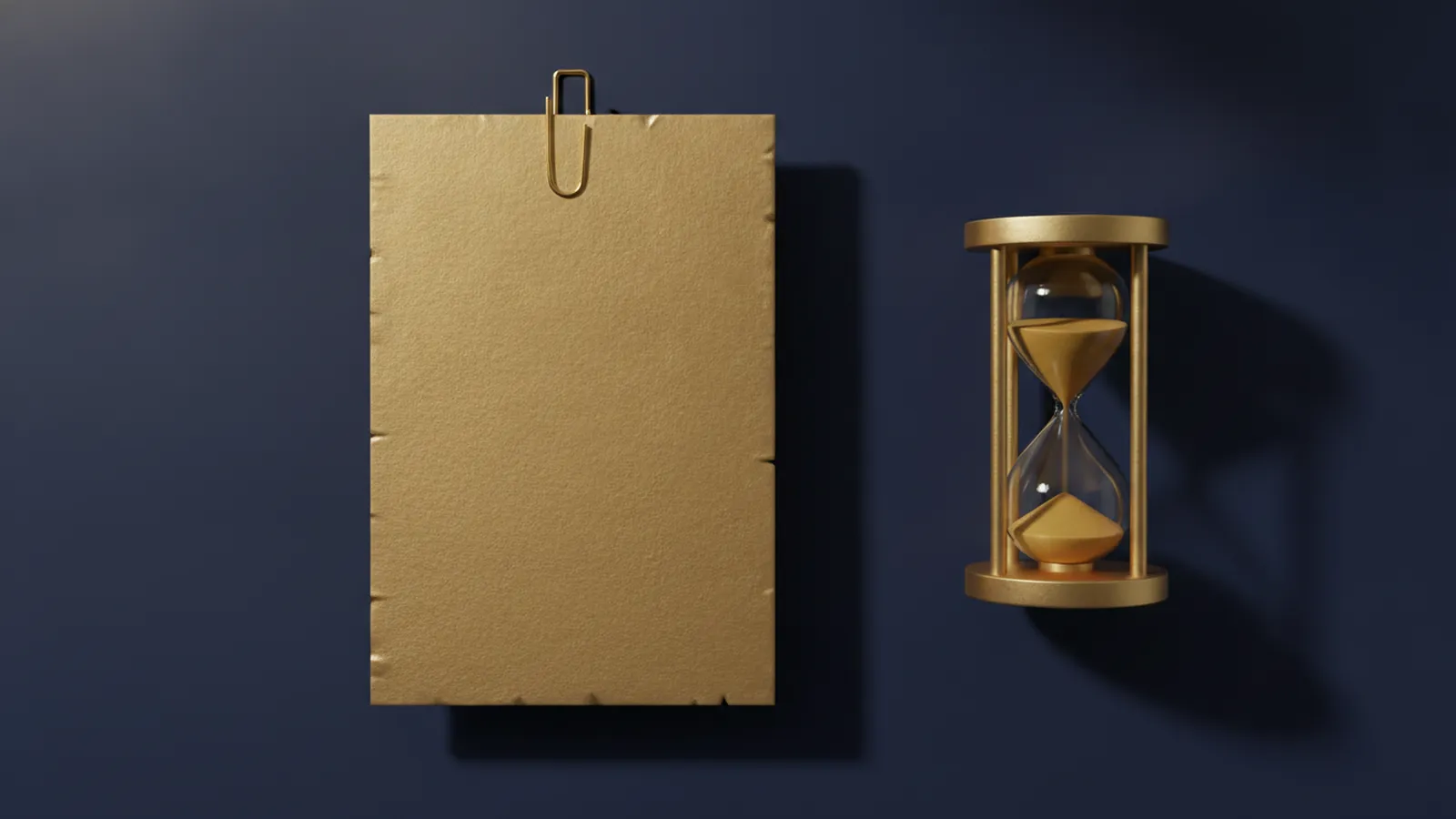 A blank gold document with a paper clip beside a gold hourglass with sand running, representing a claim that must be filed within a deadline.