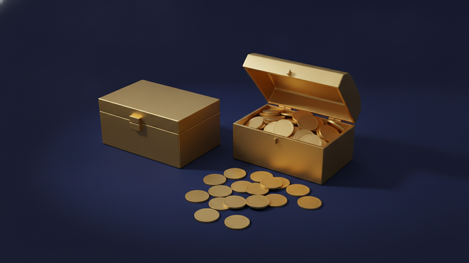 A sealed gold strongbox beside an identical open one overflowing with coins on a dark navy background, representing capped exposure against an uncapped balance.