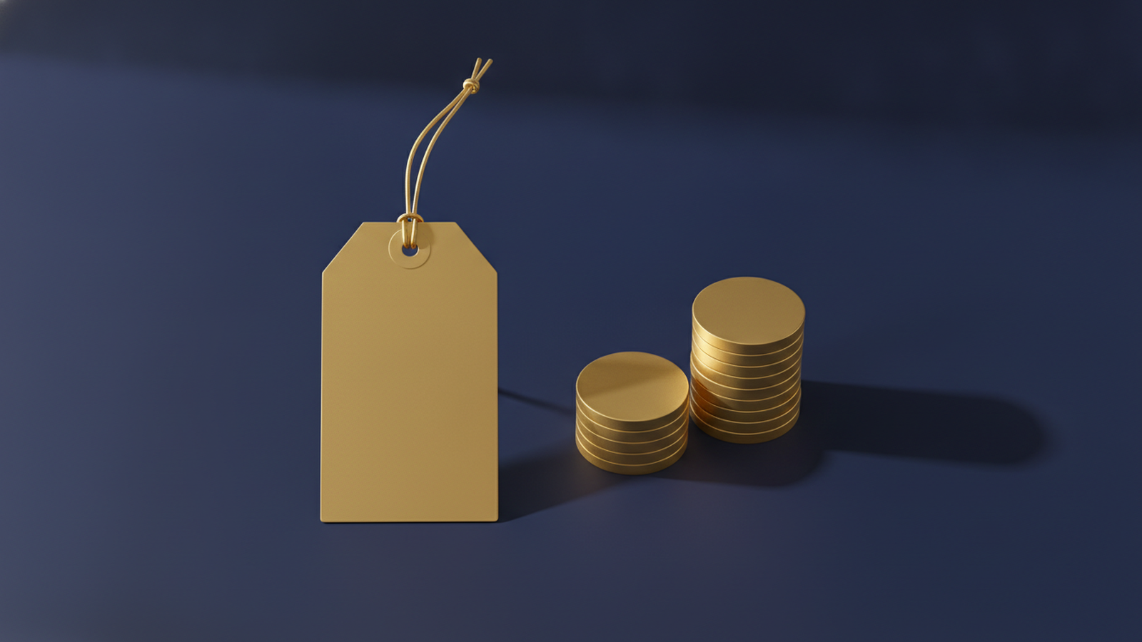 A blank gold price tag on a dark navy background beside two stacks of plain gold coins, representing what drives the cost of coverage.