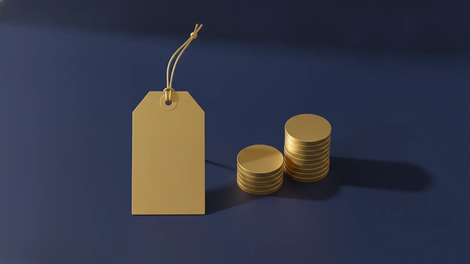 A blank gold price tag on a dark navy background beside two stacks of plain gold coins, representing what drives the cost of coverage.