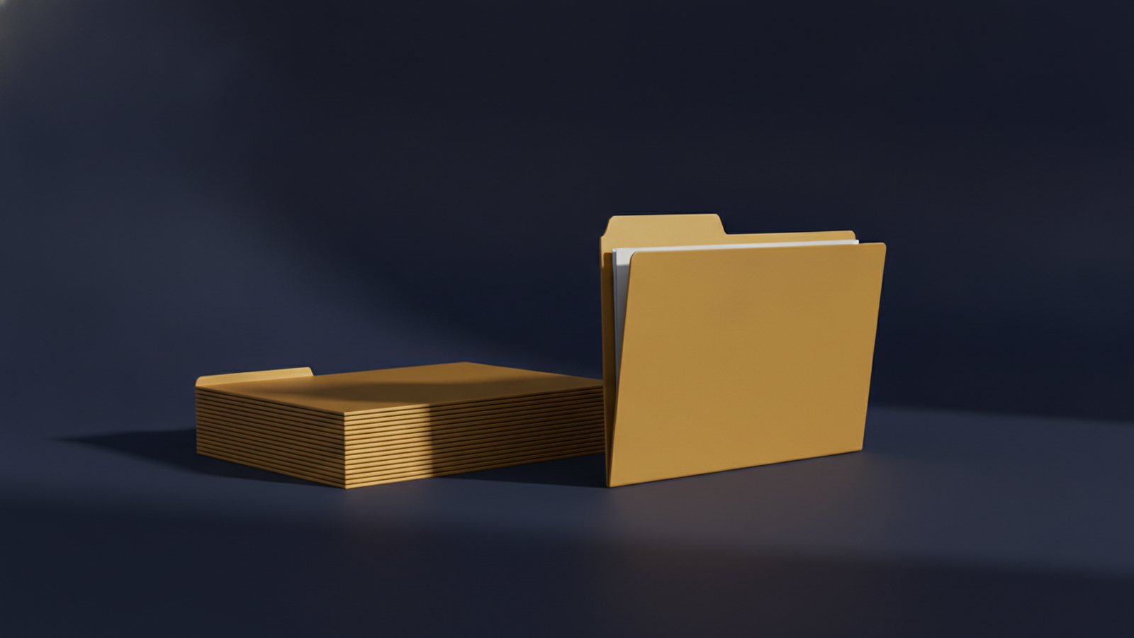 A single gold folder standing upright apart from a flat stack of identical folders on a dark navy background, representing an individually owned policy.