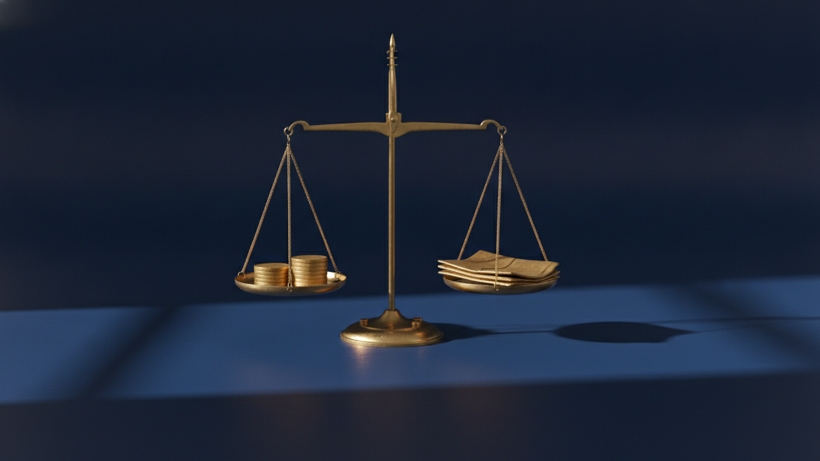 A gold balance scale on a dark navy background weighing a stack of coins against folded documents, representing premium measured against benefit.
