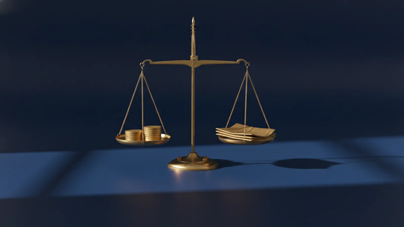 A gold balance scale on a dark navy background weighing a stack of coins against folded documents, representing premium measured against benefit.