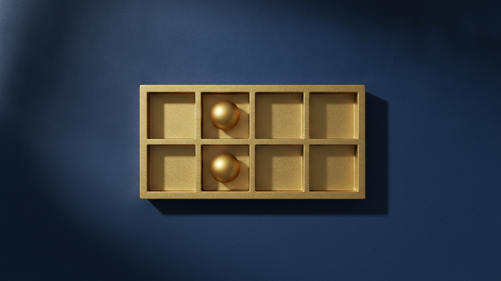 A gold tray of equal compartments on a dark navy background, some holding a gold sphere and some left empty, representing covered categories and exclusions.