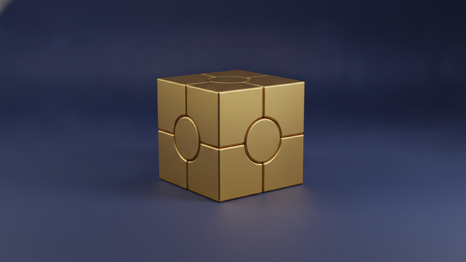 Four gold blocks fitted together into one solid cube on a dark navy background, representing separate policies assembled into a single plan.