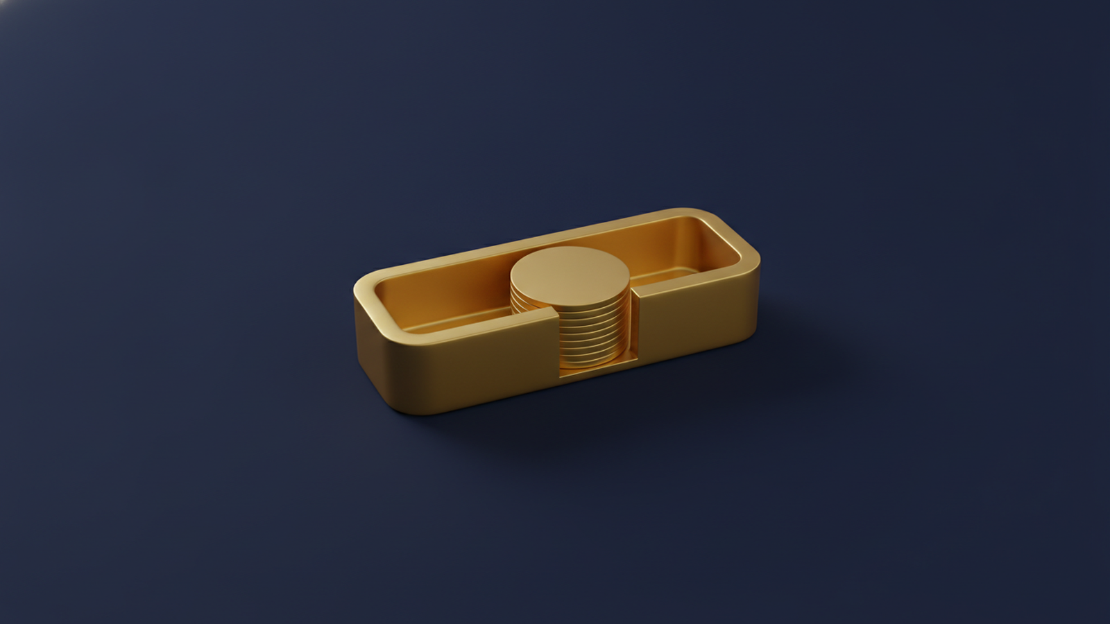 A stack of blank gold discs filling a notch cut from a gold container on a dark navy background, representing cash applied to a deductible.