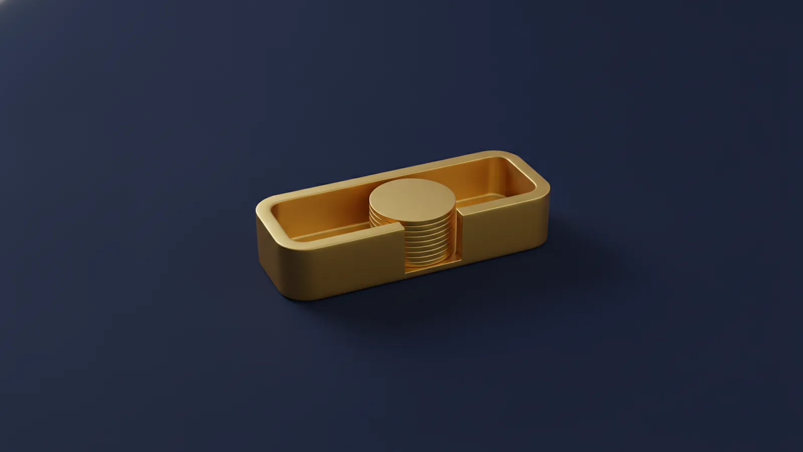 A stack of blank gold discs filling a notch cut from a gold container on a dark navy background, representing cash applied to a deductible.