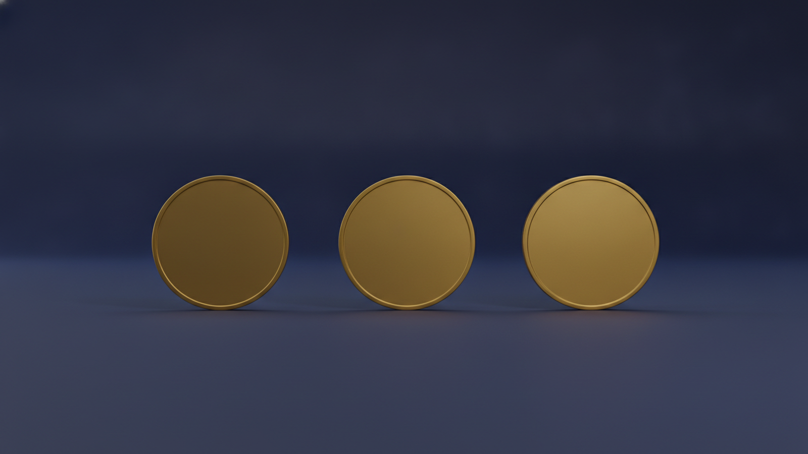 Three identical blank gold coins standing upright in a row on a dark navy background, representing a set amount paid per covered event.