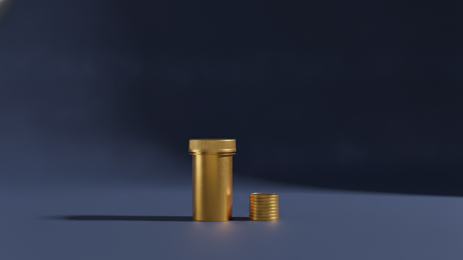 A gold prescription bottle beside a short stack of gold coins on a deep navy surface, representing a set amount paid toward a prescription.