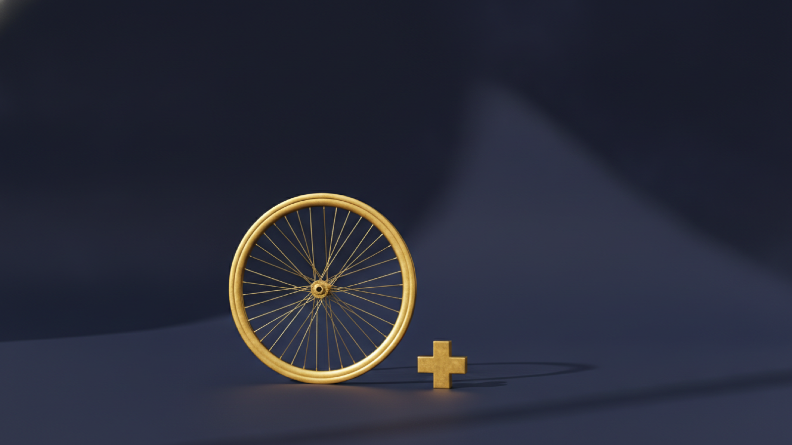 A gold bicycle wheel beside a small gold medical cross on a deep navy surface, representing the ordinary injuries an accident policy covers.