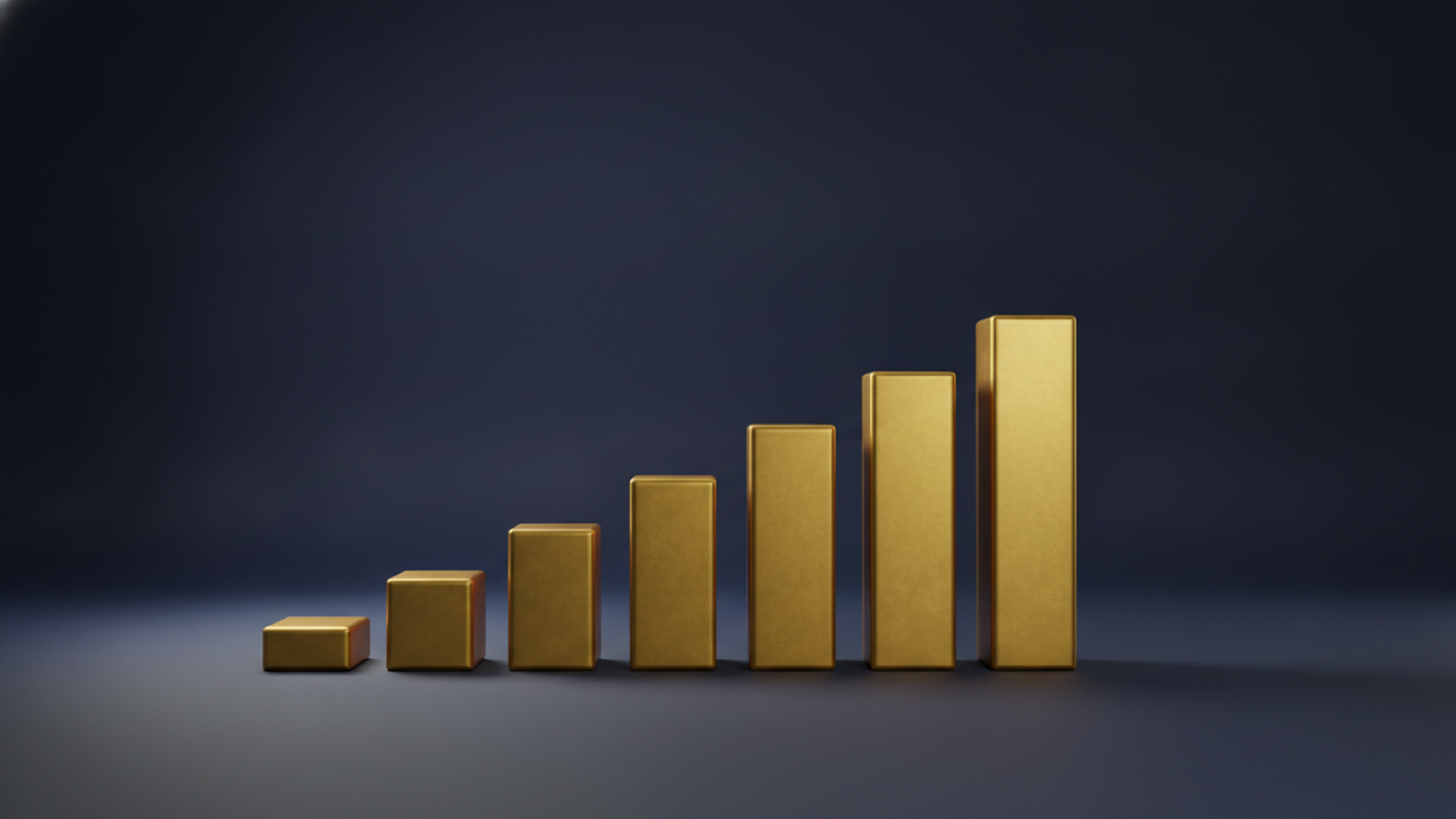 Seven gold bars of stepped heights rising in a line on a deep navy surface, representing a seven-tier surgical benefit schedule.