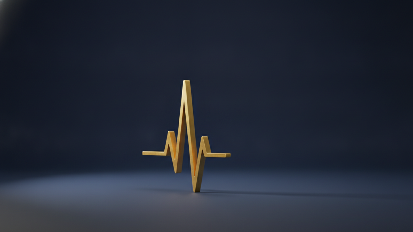 A gold heart-rate trace standing as a solid raised form on a deep navy surface, representing intensive care monitoring.