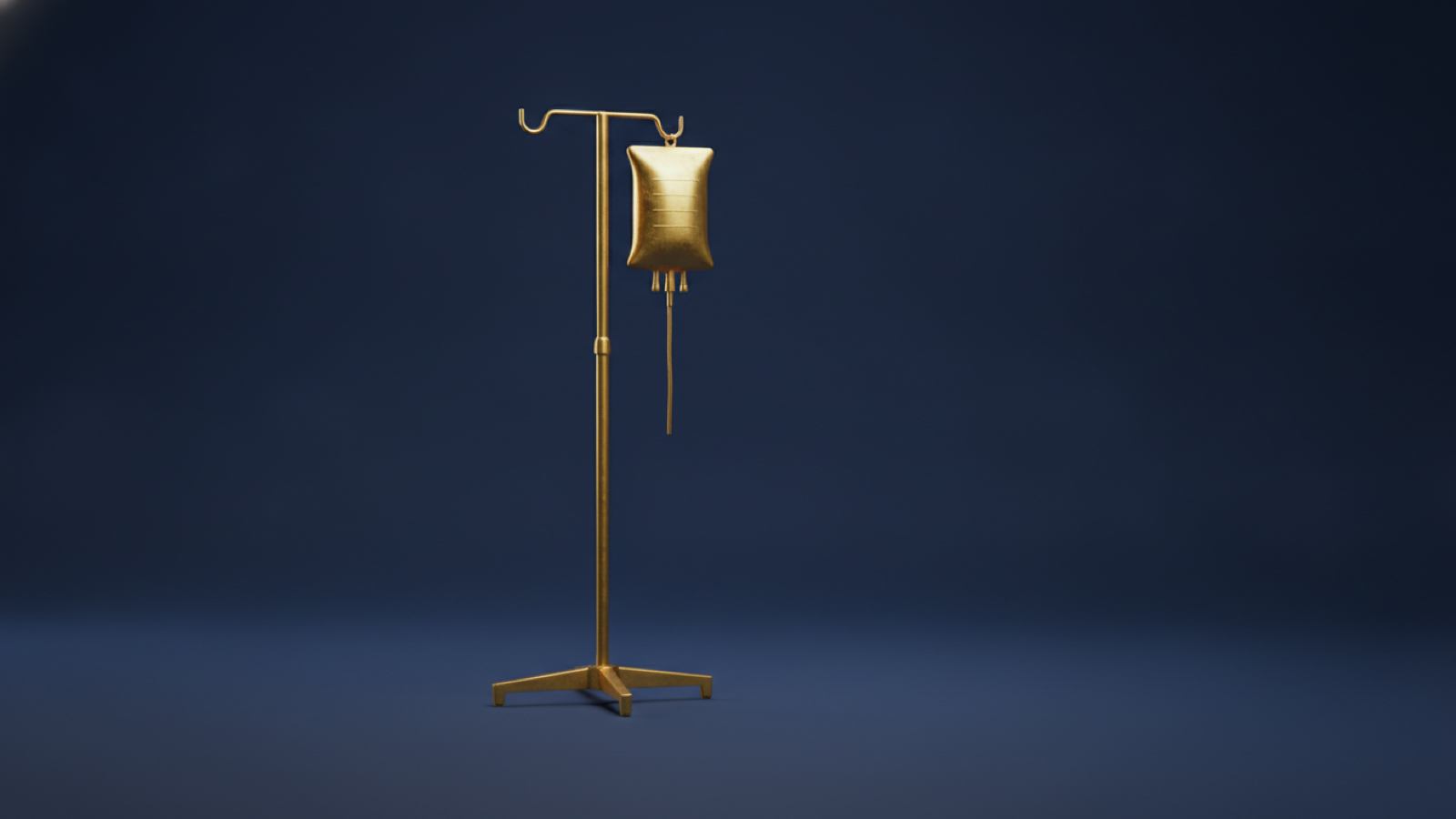 A gold intravenous drip bag hanging from a slender gold stand on a deep navy surface, representing infused cancer treatment.