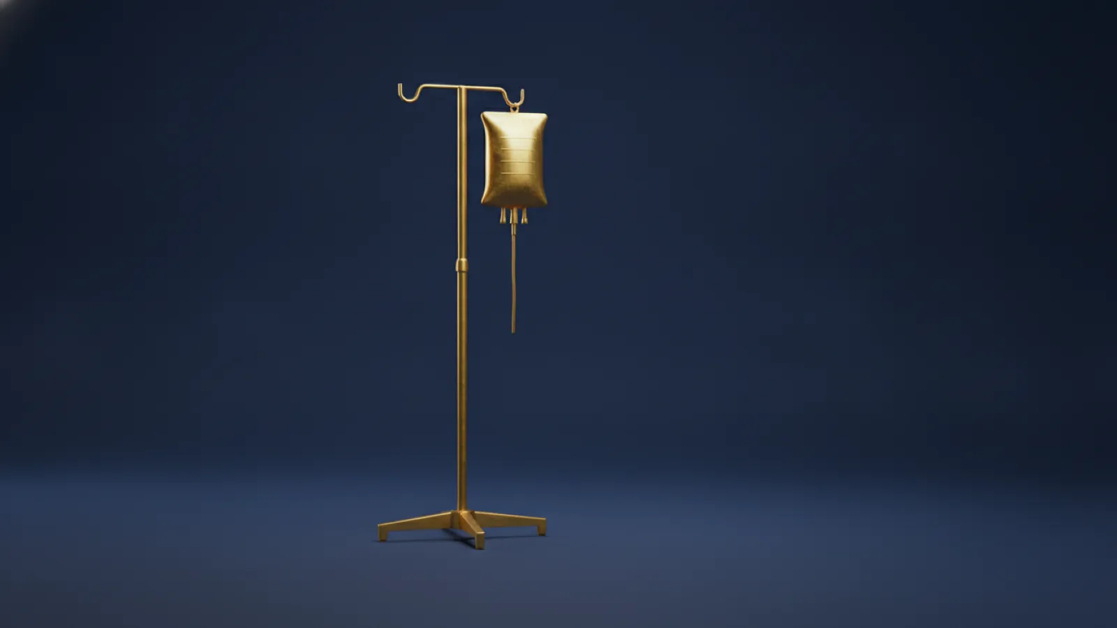 A gold intravenous drip bag hanging from a slender gold stand on a deep navy surface, representing infused cancer treatment.