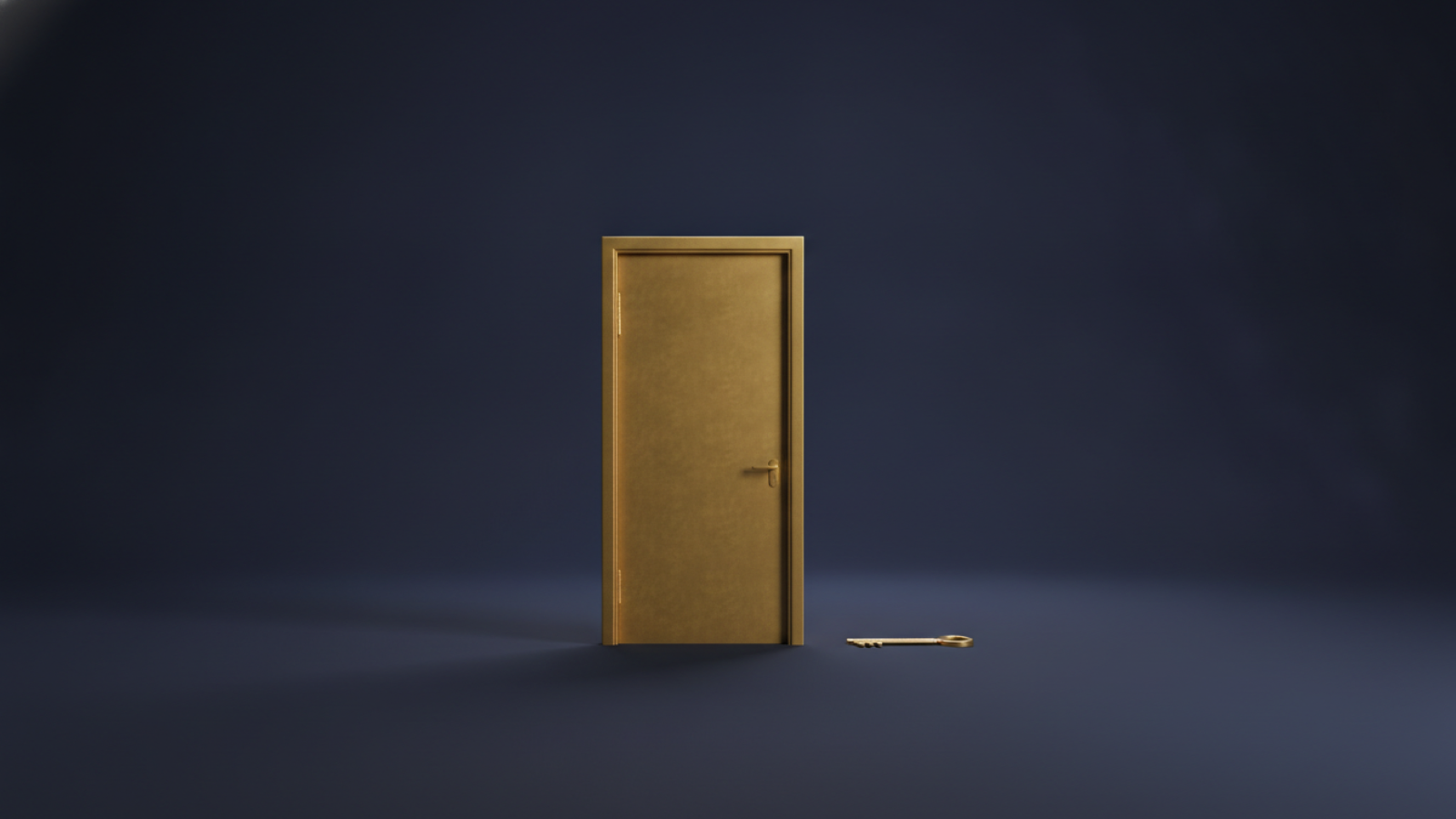 A single gold door standing closed on a deep navy background with one narrow gold key beside it, representing coverage that ended and a way back.