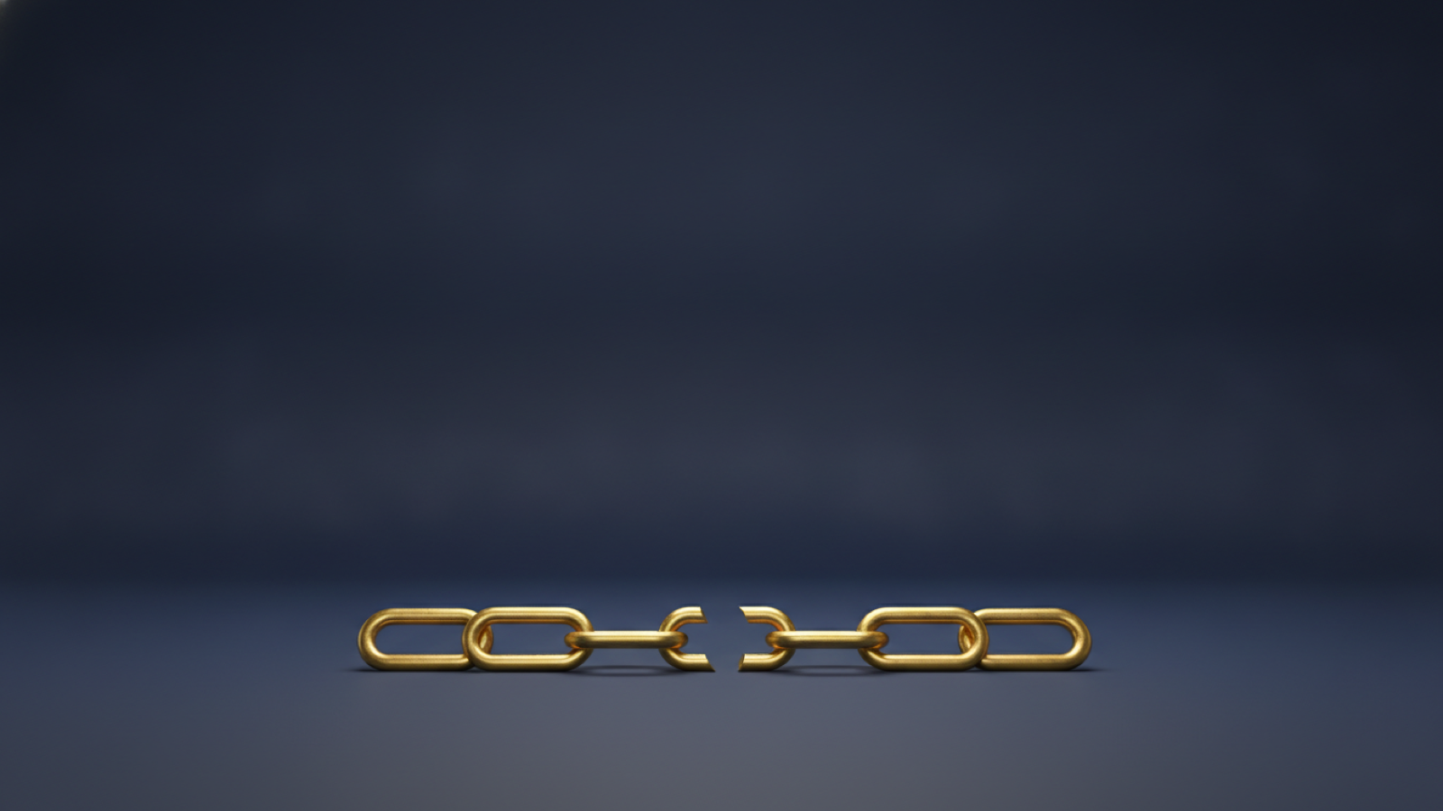 A gold chain with one link clearly separated on a deep navy background, representing a break in continuous coverage.