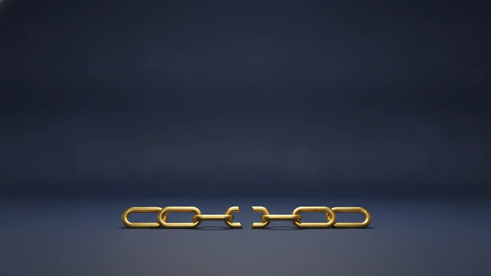 A gold chain with one link clearly separated on a deep navy background, representing a break in continuous coverage.