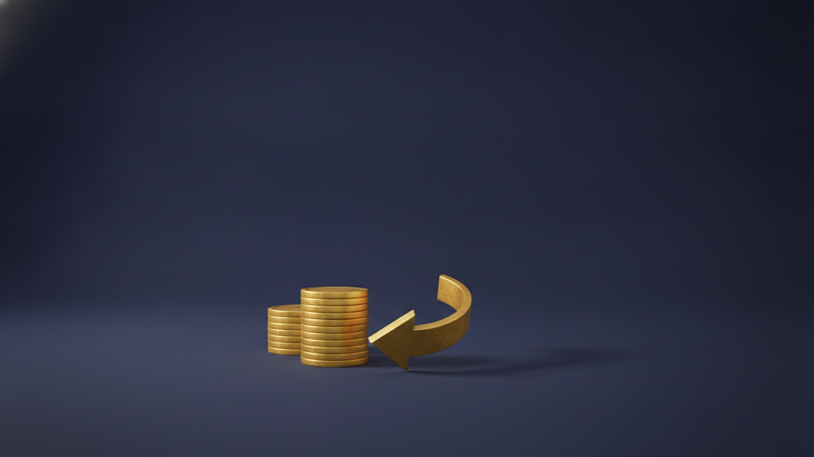 A gold arrow curving back toward a small stack of gold coins on a deep navy surface, representing an advance credit being reconciled and repaid at tax time.