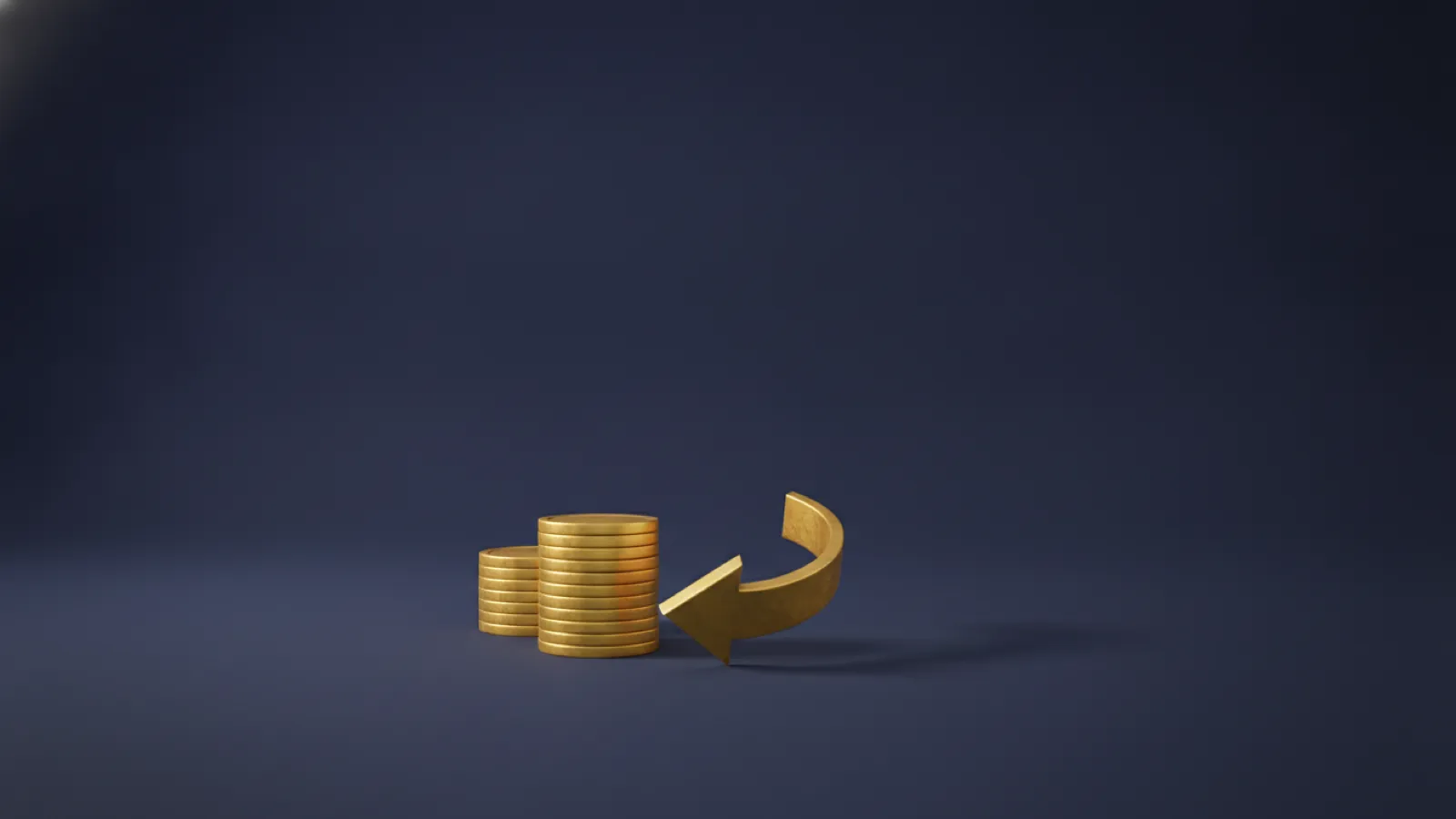 A gold arrow curving back toward a small stack of gold coins on a deep navy surface, representing an advance credit being reconciled and repaid at tax time.