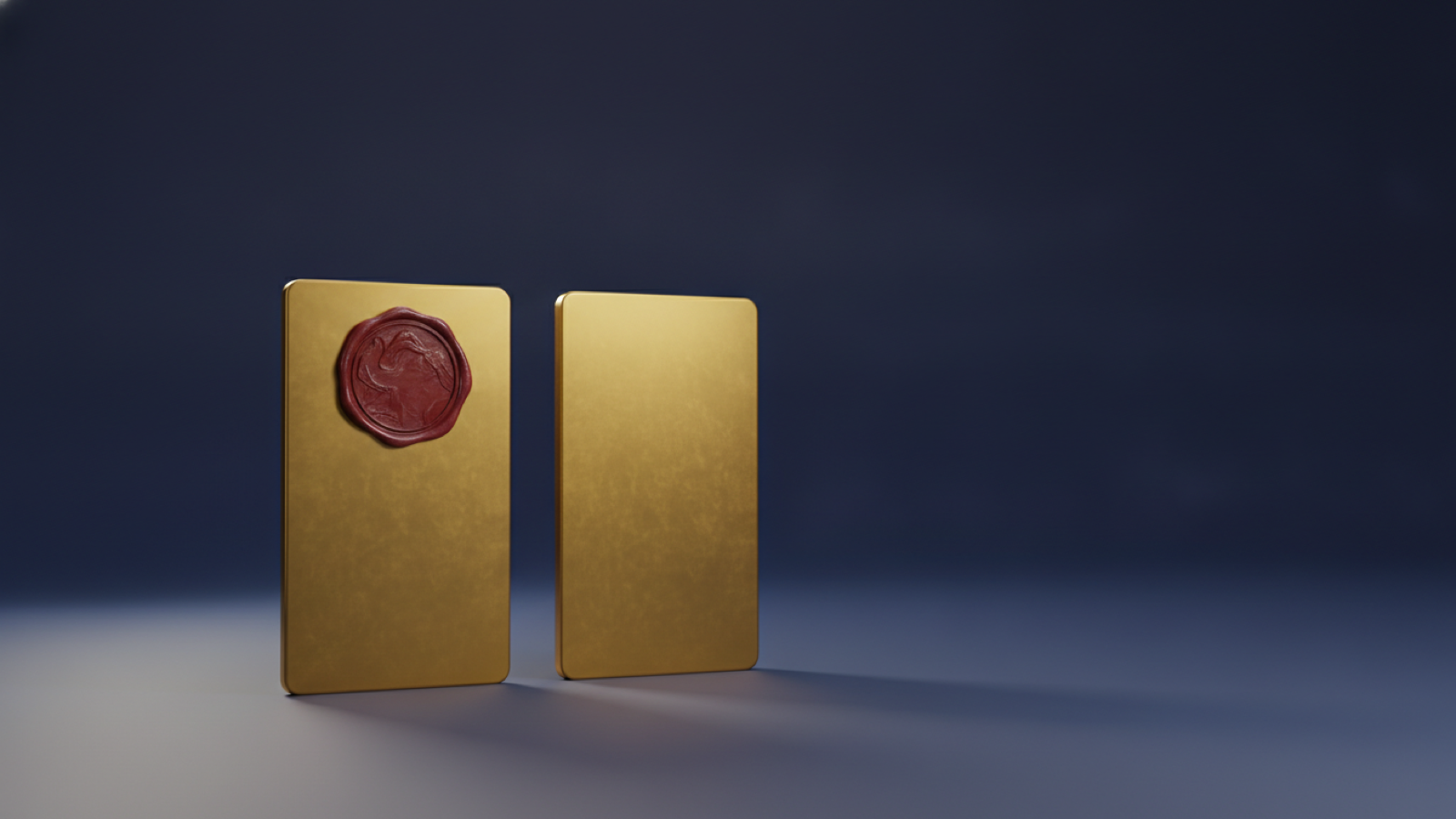 Two gold documents side by side on a deep navy background, one sealed and one open, representing a contract and an agreement.