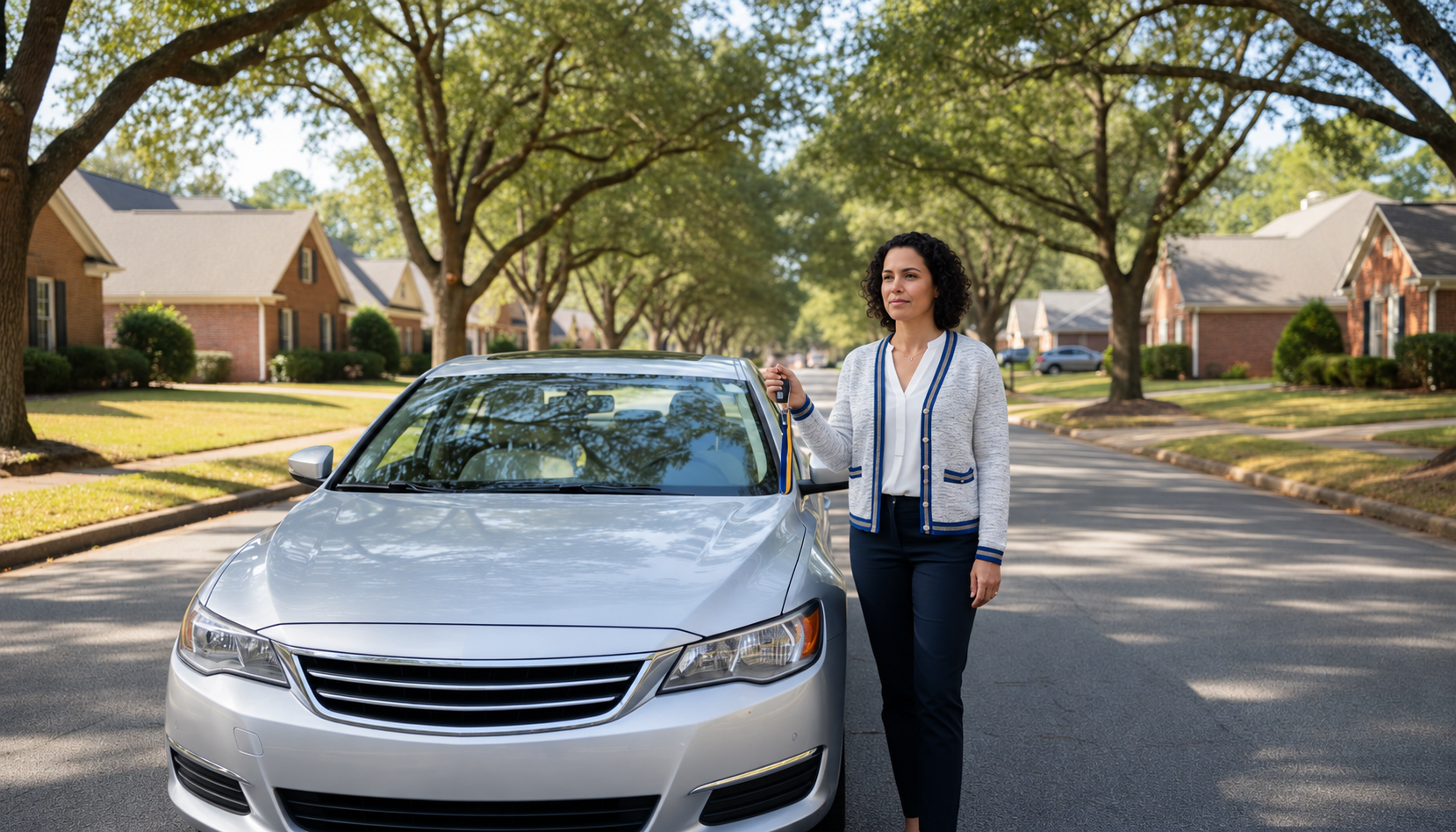 A driver holding car keys beside an unbranded silver car on a tree-lined residential street.