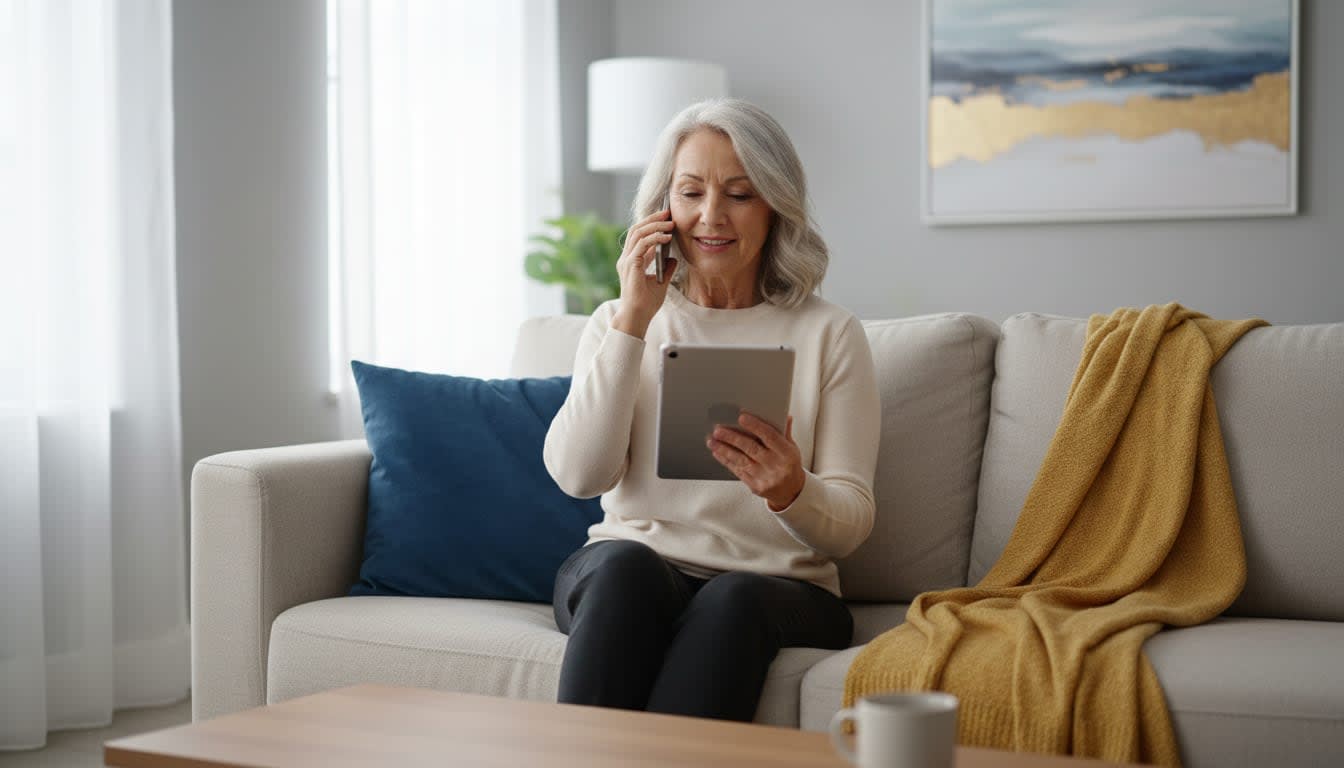 An older woman seated on a sofa with a tablet during a phone conversation.
