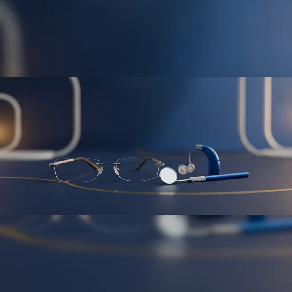 Eyeglasses, hearing aid and toothbrush representing extra benefits