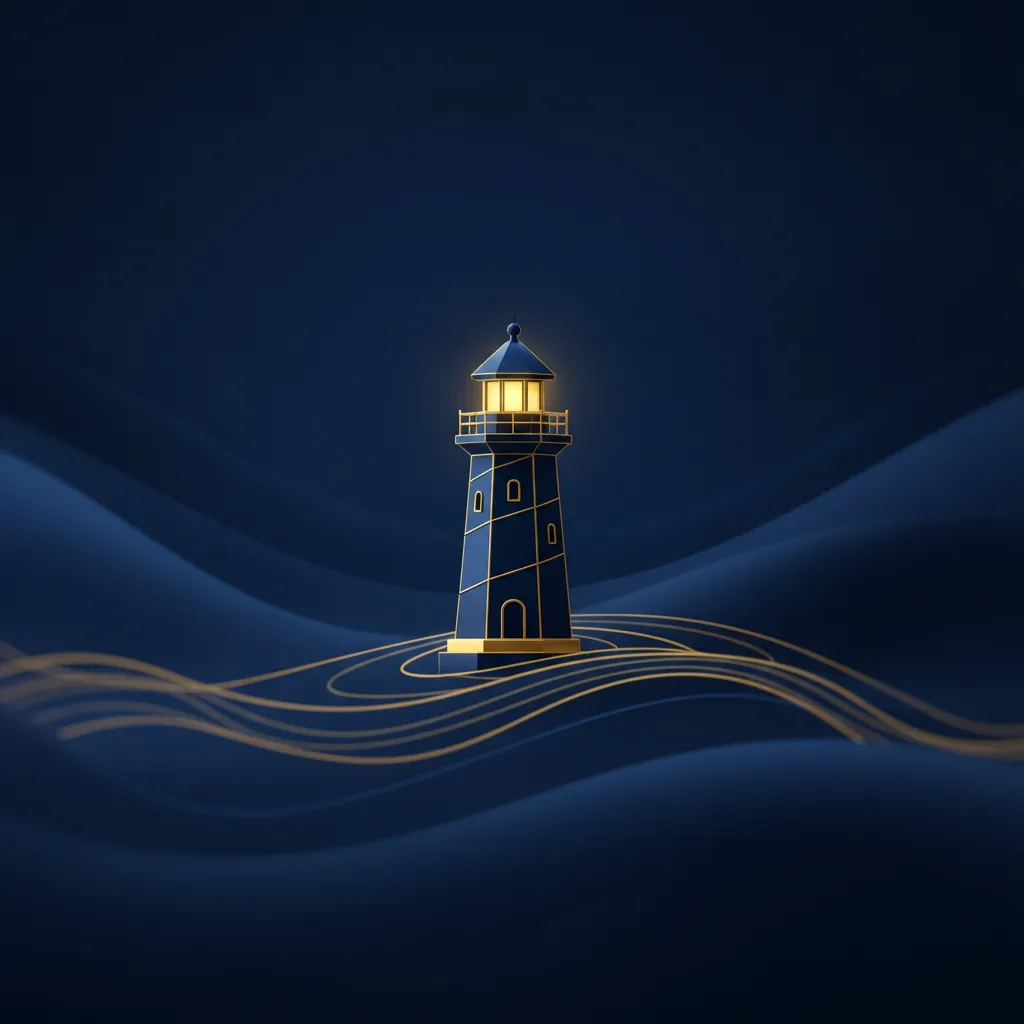 Lighthouse beam over dark water, representing guidance and safety