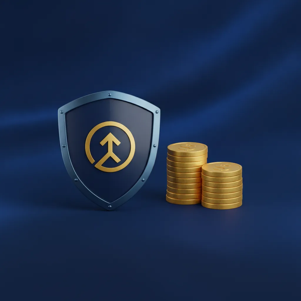 Shield in front of stacked coins, representing protected savings