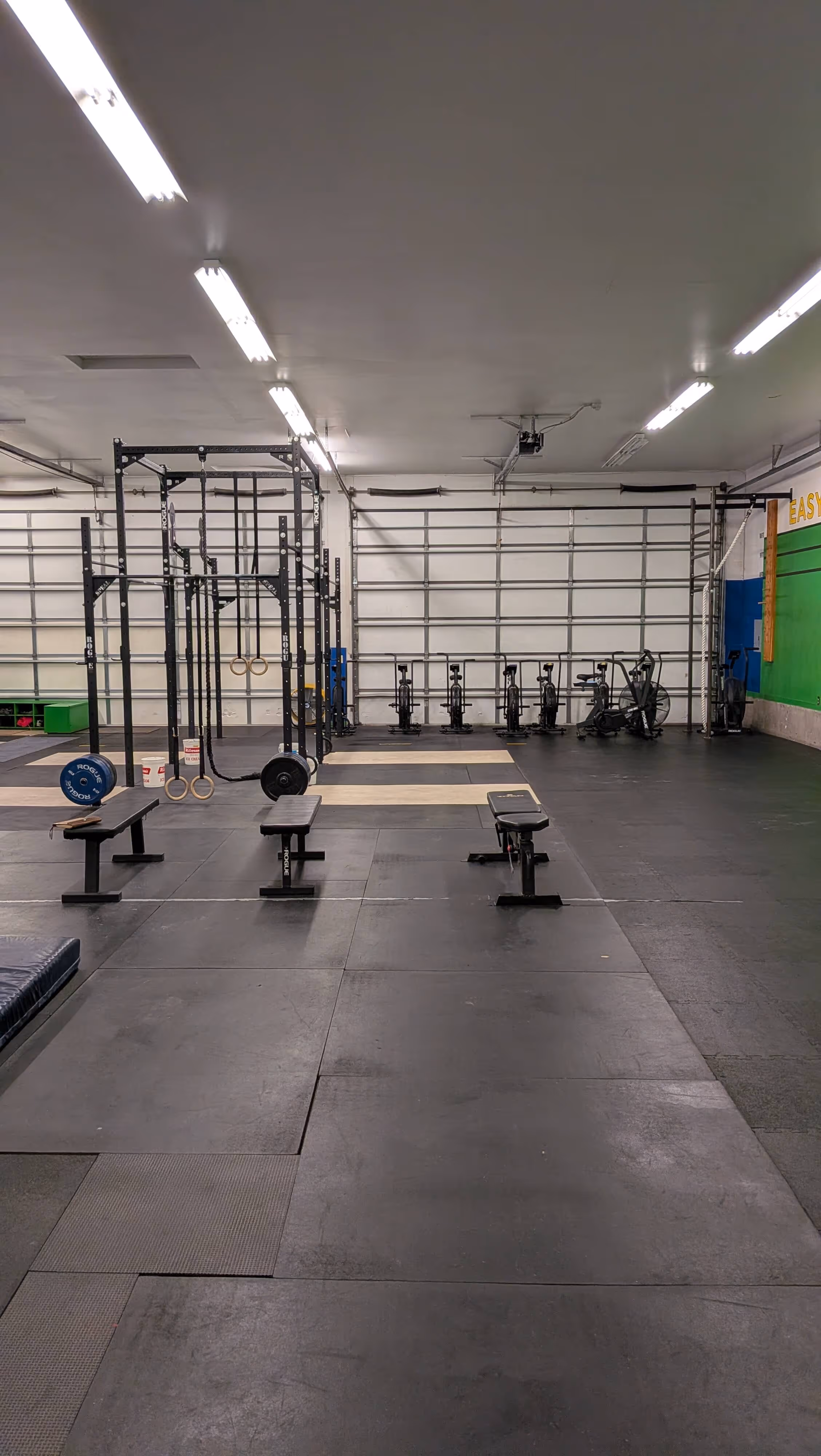 Empty gym with black rubber flooring, workout benches, a pull-up rig with rings, rowing machines, and a green wall on the right side. Trailhead Physical Therapy and Performance