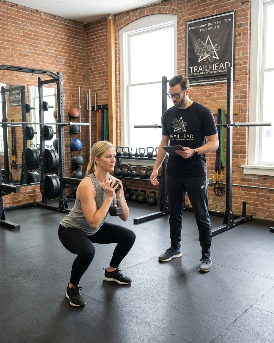 Patient working with a provider at a performance physical therapy clinic in Livingston, MT during a movement assessment session