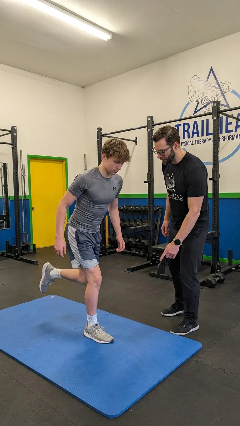 Patient working with a provider at a sports physical therapy clinic in Livingston, MT during a return-to-sport exercise progression