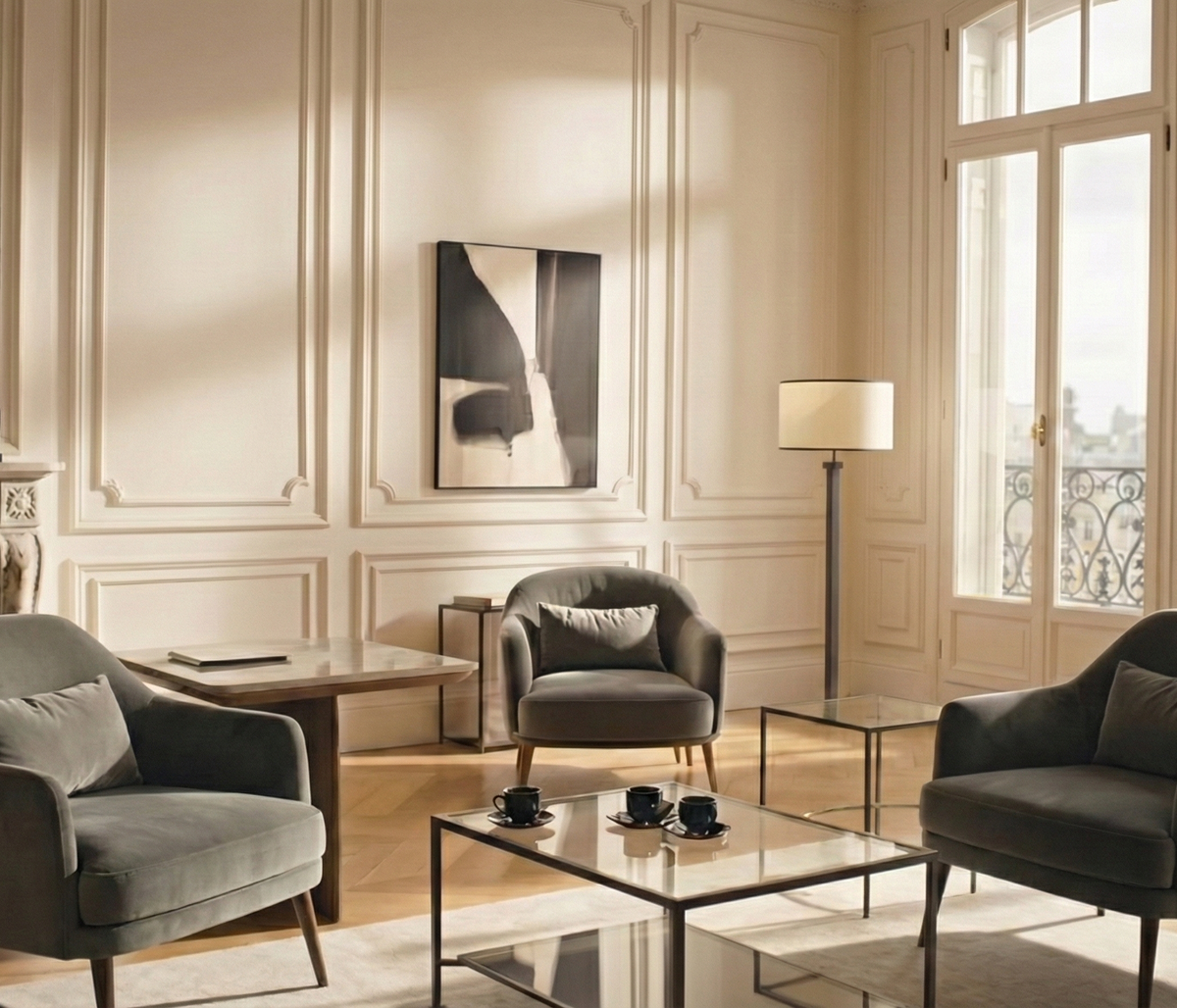 Salon lumineux et élégant avec trois fauteuils gris, tables basses en verre, lampe sur pied, et une grande fenêtre avec balcon.