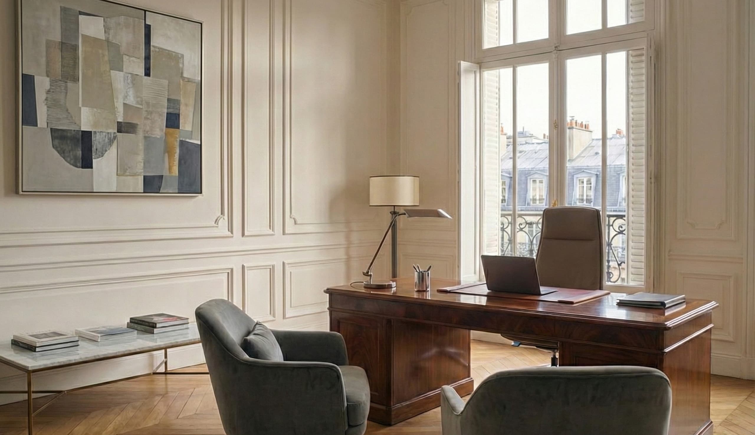 Bureau en bois classique avec ordinateur portable devant une grande fenêtre, deux fauteuils gris et une table basse avec des livres dans un bureau lumineux.