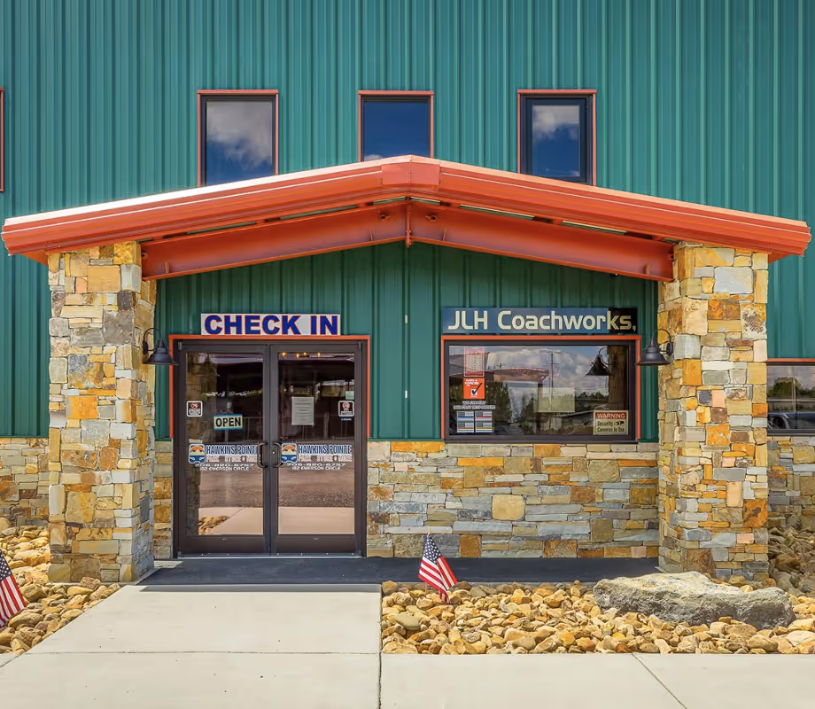 The front entrance and check-in office at Hawkins Pointe.