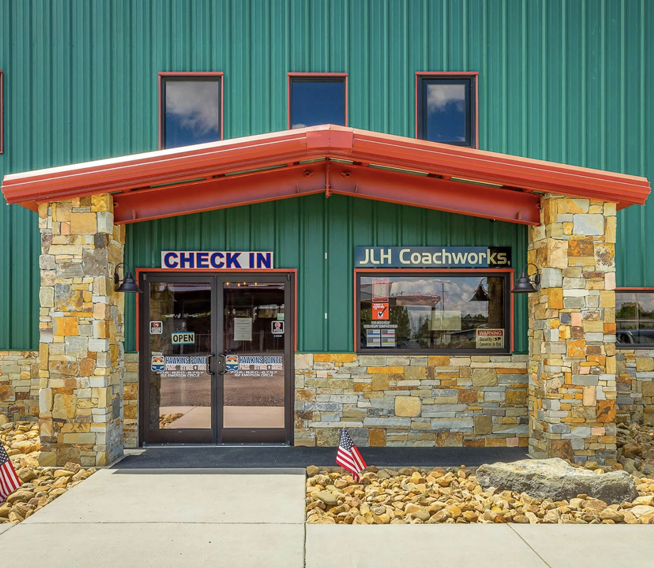 The front entrance and check-in office at Hawkins Pointe.