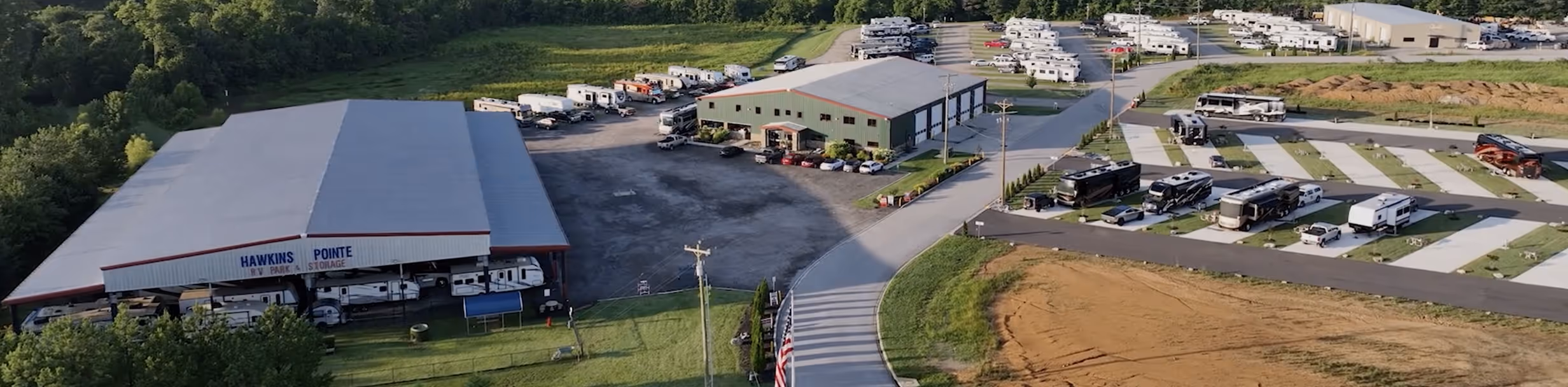 Aerial birds eye view, all Hawkins Pointe RV Basecamp.