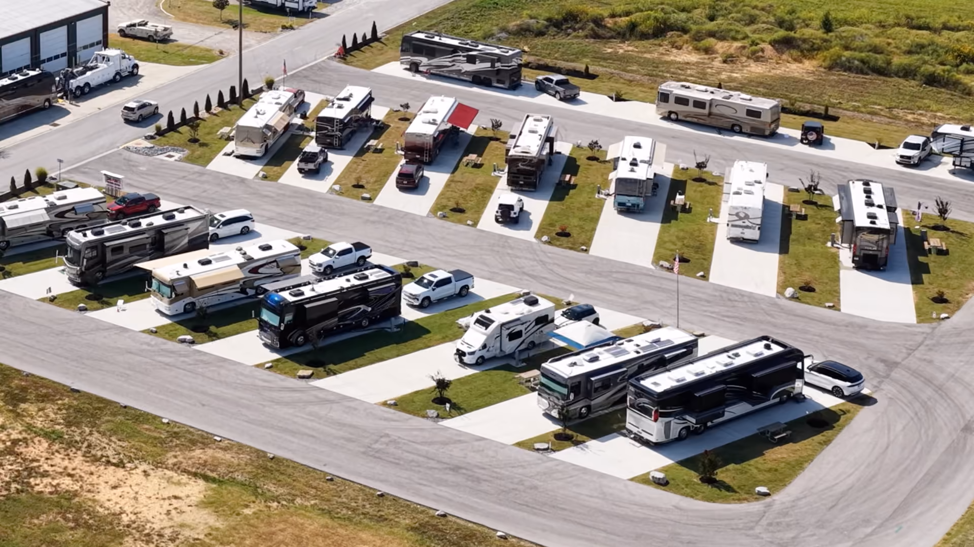 Aerial view of Hawkins Pointe RV Basecamp full Executive Sites 