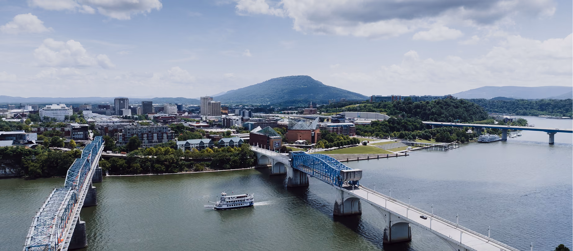 Aerial view of the Southern Belle Riverboat cruising the Tennessee River near downtown Chattanooga.
