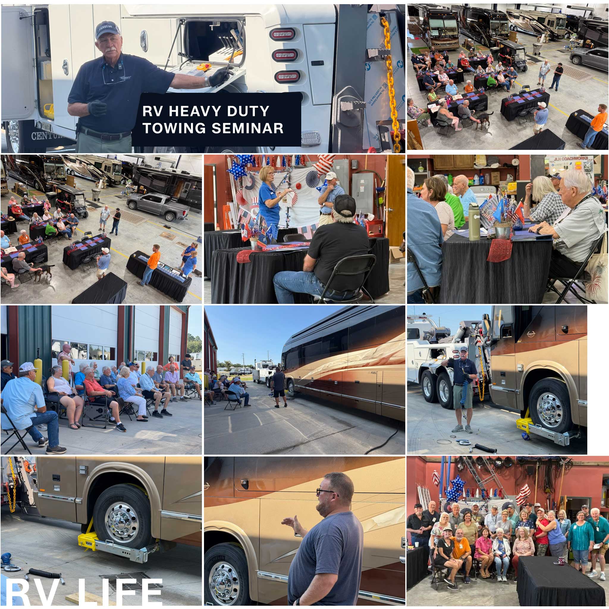 Photo collage from Hawkins Pointe's RV heavy duty towing seminar during the Foretravel rally, showing a towing demonstration, group instruction, and attendees posing together.