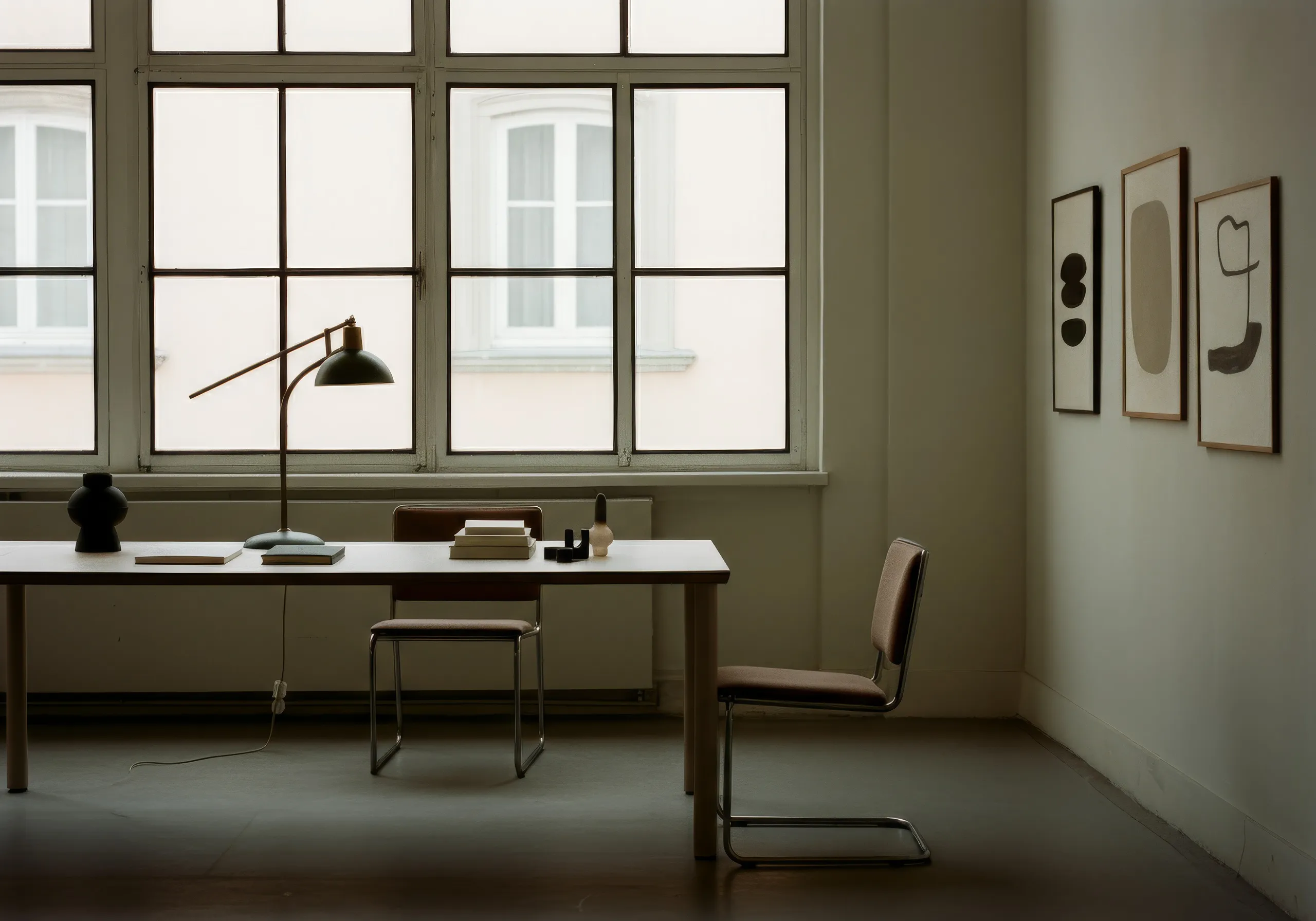 Minimalist room with a long table, two chairs, a desk lamp, decorative objects, and three abstract framed artworks on the wall.