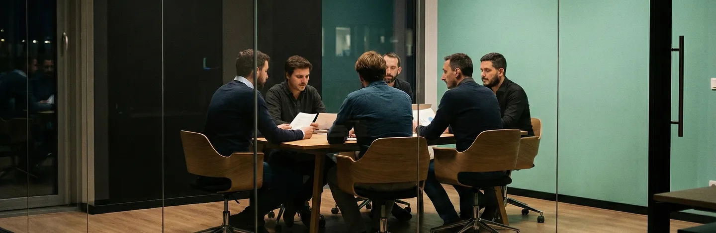 Six men seated around a wooden table in a glass-walled office, engaged in a meeting with documents.