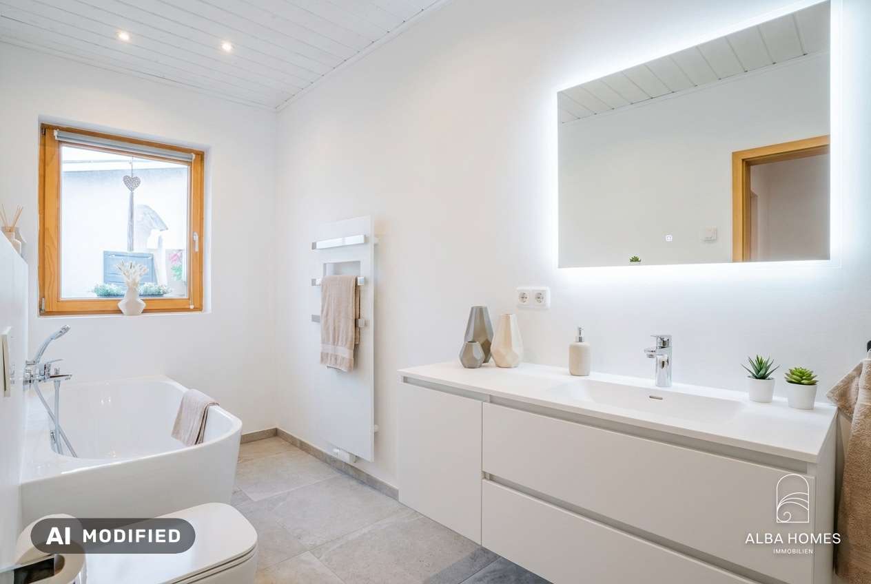 staged-Tageslichtbad mit Badewanne und praktischer Ausstattung