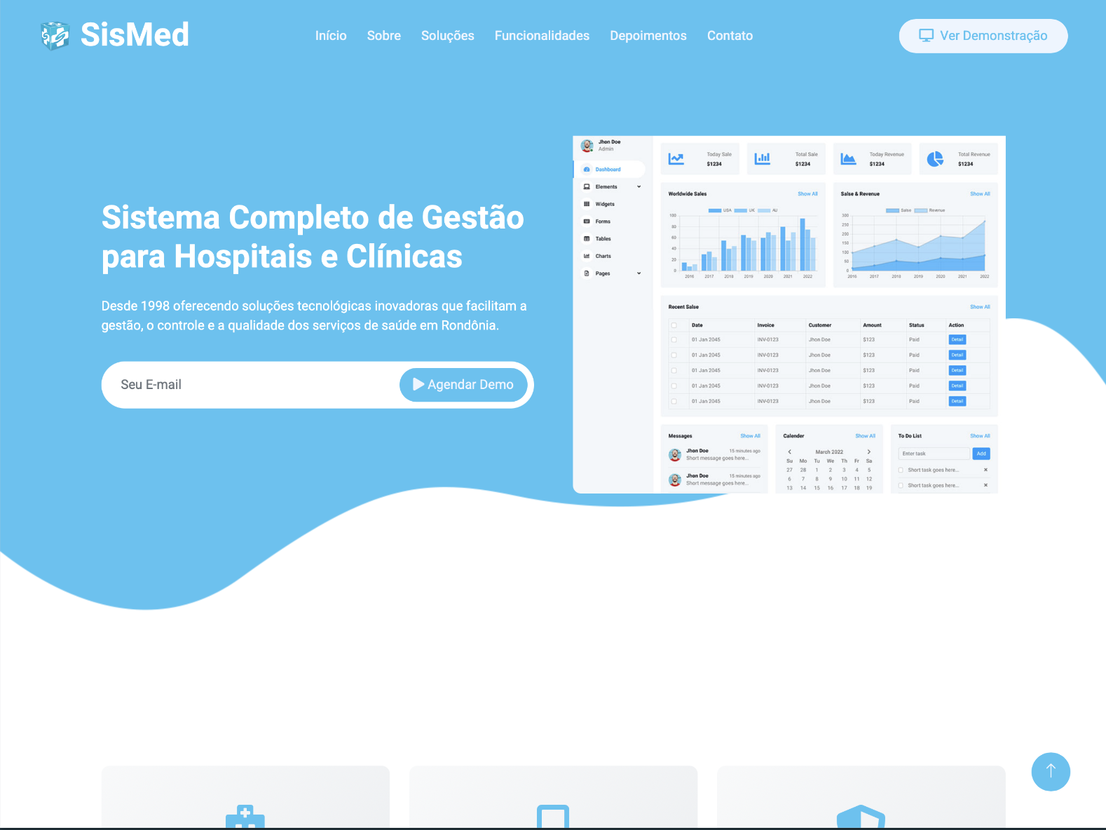 SisMed homepage screenshot showing a hospital management system interface with charts, sales data, and a demo scheduling email form on a blue background.