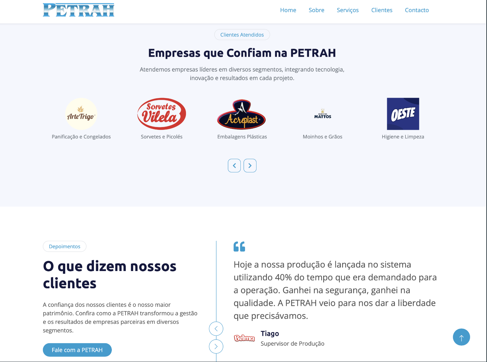 PETRAH website section showing logos of client companies in various industries such as Arte Trigo (Bakery and Frozen), Sorvetes Vilela (Ice Cream and Popsicles), Acreplast (Plastic Packaging), Mattos (Mills and Grains), Oeste (Hygiene and Cleaning), and a client testimonial from Tiago, Production Supervisor at Belma.