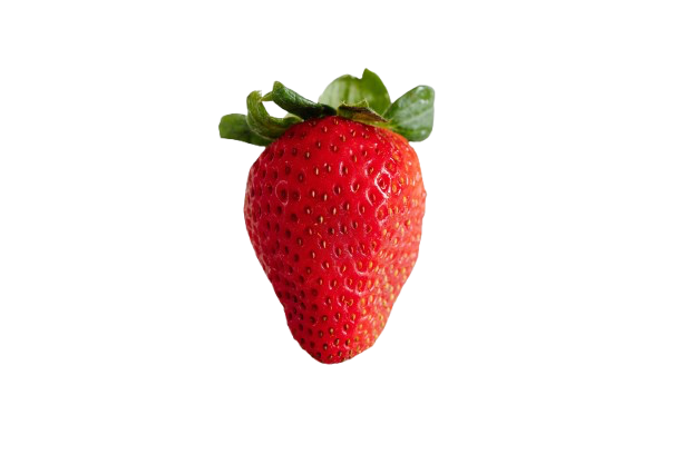 Fresh red strawberry with green leaves on a transparent background.